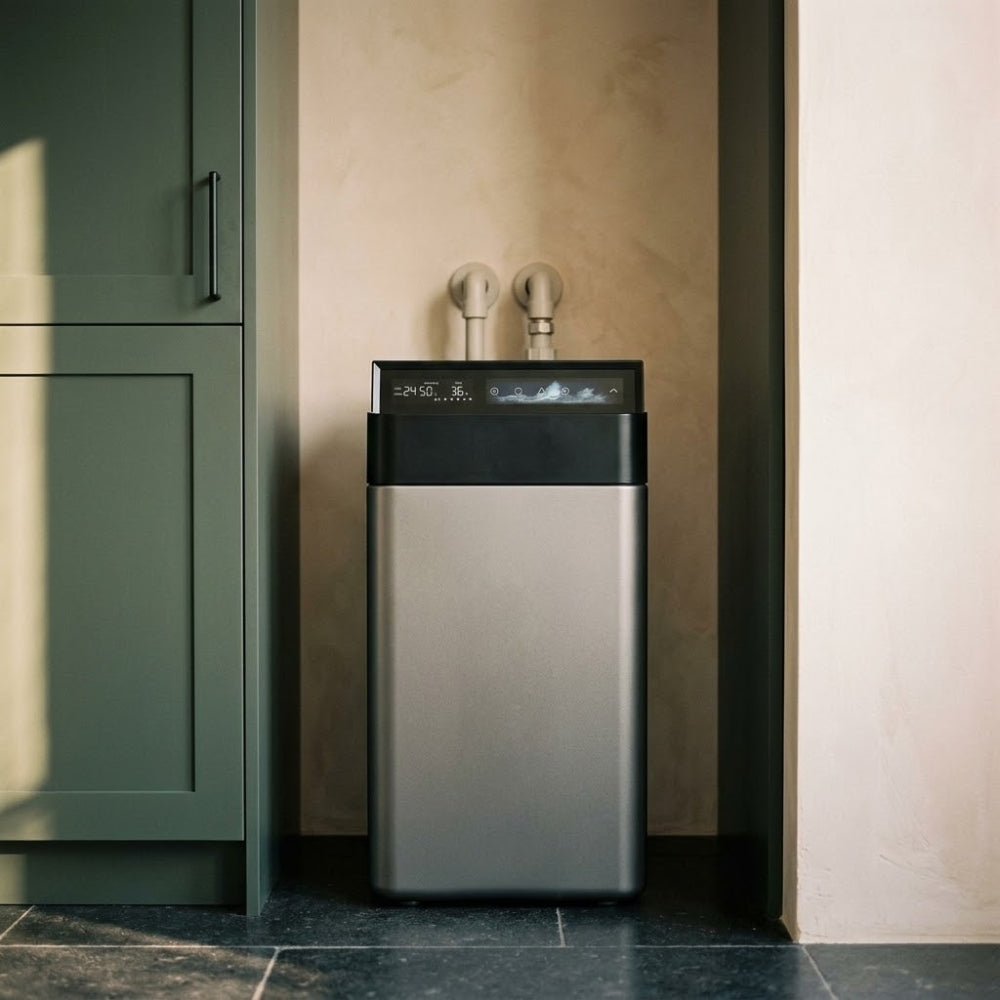 Adoucisseur d'eau Harmony IoT PureOsmose installé dans une buanderie, écran de contrôle allumé