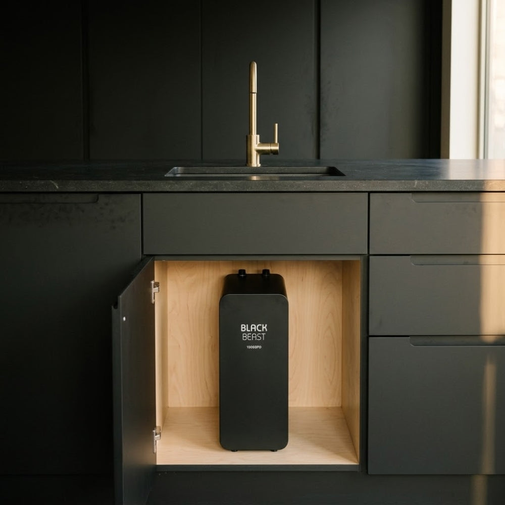 Osmoseur d'eau Black Beast 1000 PureOsmose installé sous l'évier d'une cuisine contemporaine