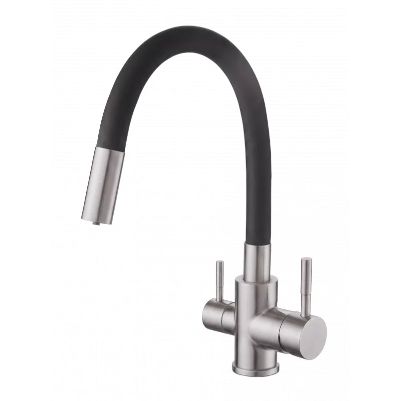 Robinet 3 voies Bilbao PureOsmose à tube flexible noir et corps en acier inoxydable