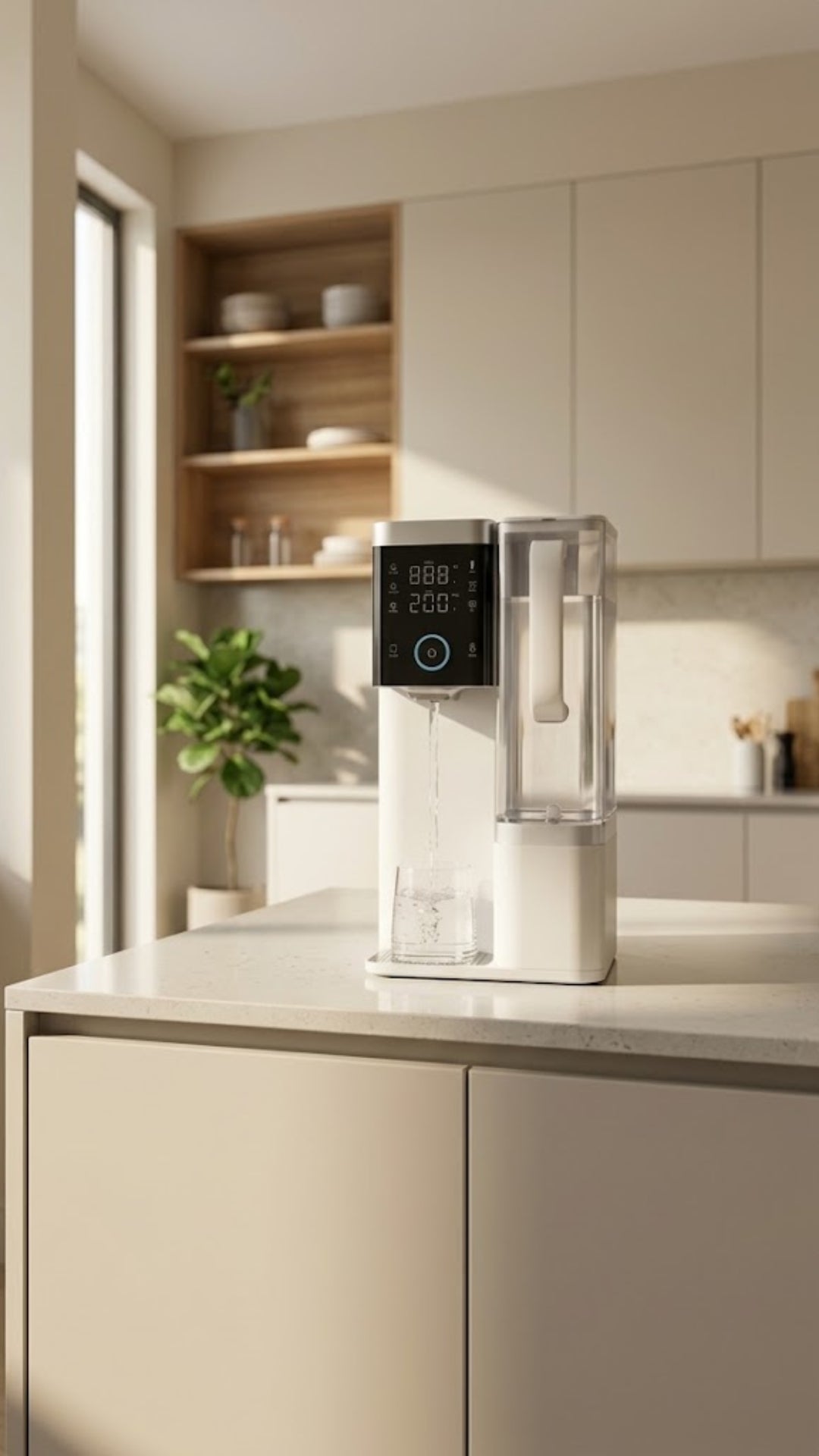 Distributeur d'eau RO Moon PureOsmose posé sur un plan de travail de cuisine moderne