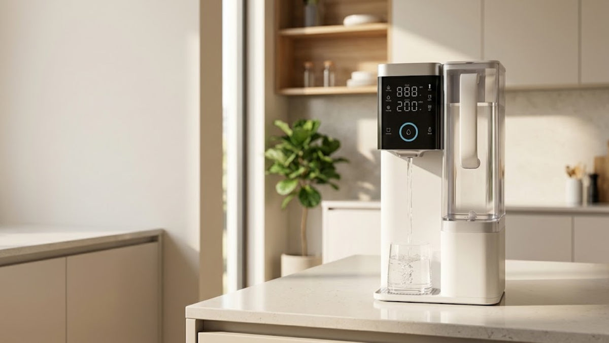 Distributeur d'eau RO Moon PureOsmose posé sur un plan de travail de cuisine moderne