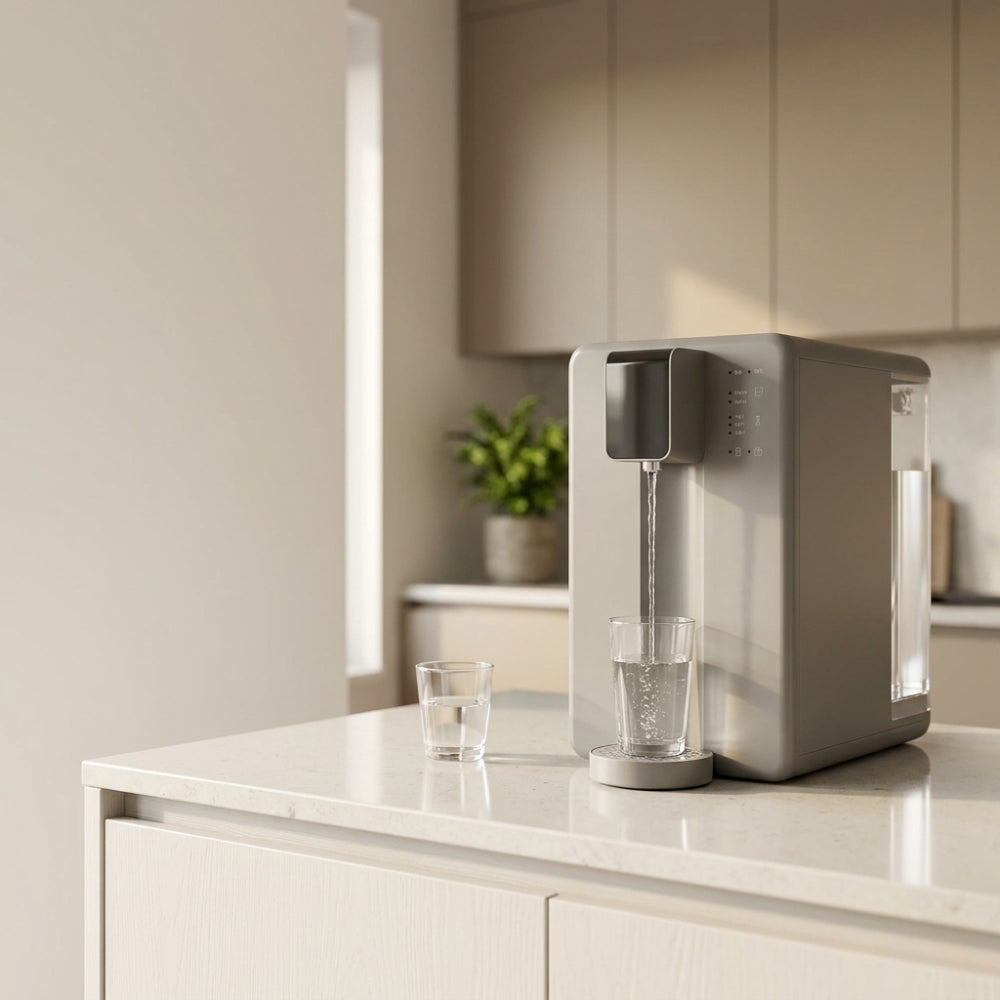 Fontaine à eau osmosée RO Mobi PureOsmose posée sur un plan de travail de cuisine